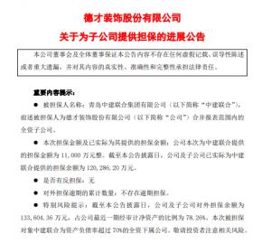 德才股份为子公司中建联合提供担保余额超12亿元后者负债率91%